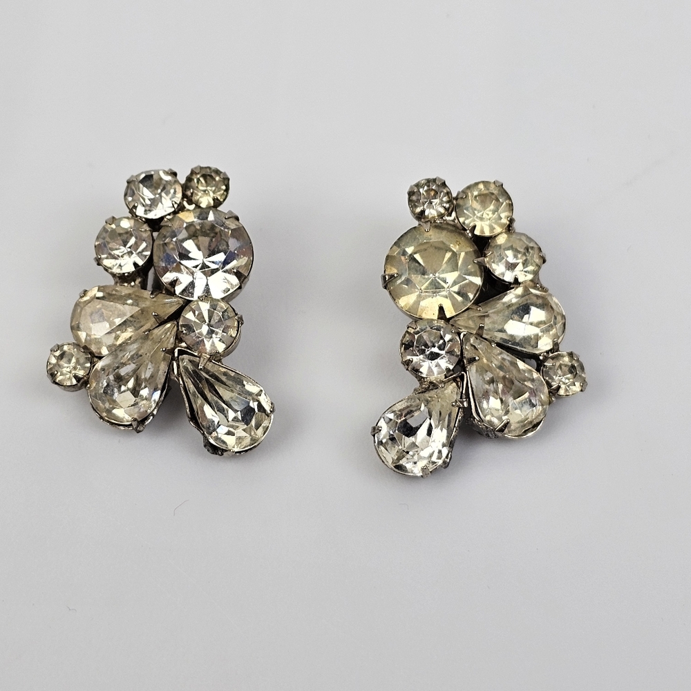 Vintage Statement Clip On Silver Tone Faceted Rhinestone Earrings